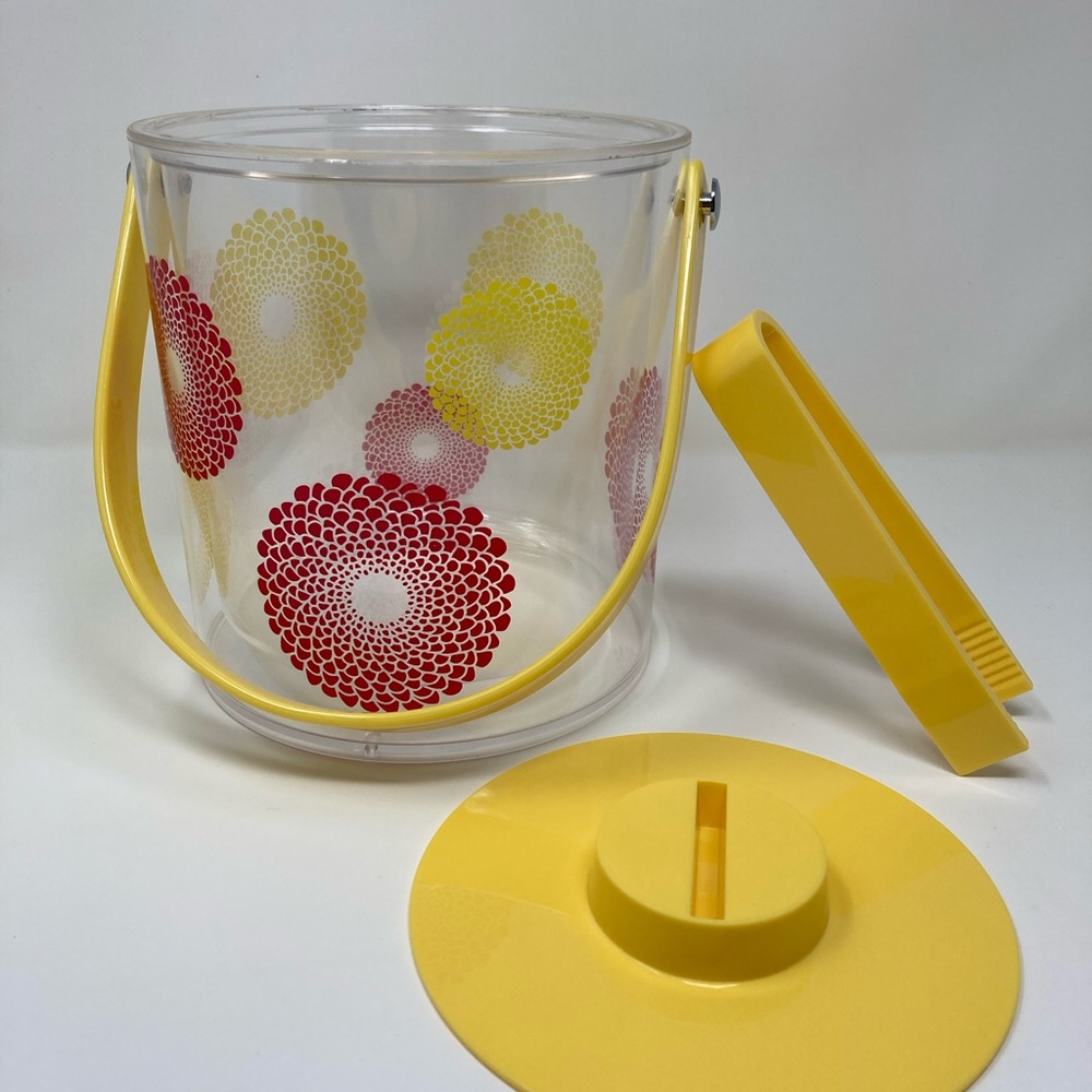 Vintage 90s Yellow Orange Flower Ice bucket with Tongs, Serving Set - Picture 2 of 7